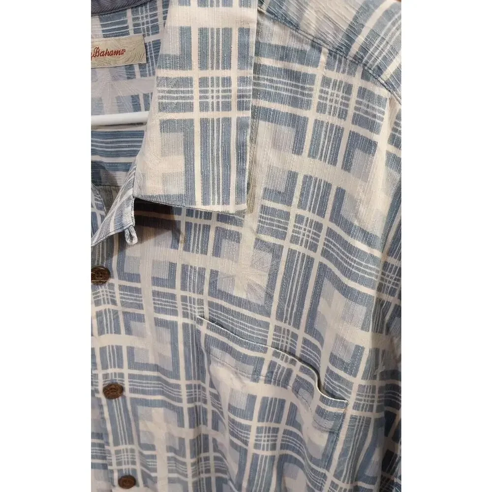 Tommy Bahama Silk shirt Textured‎ Short Sleeve Blue Square Print 2X-Large